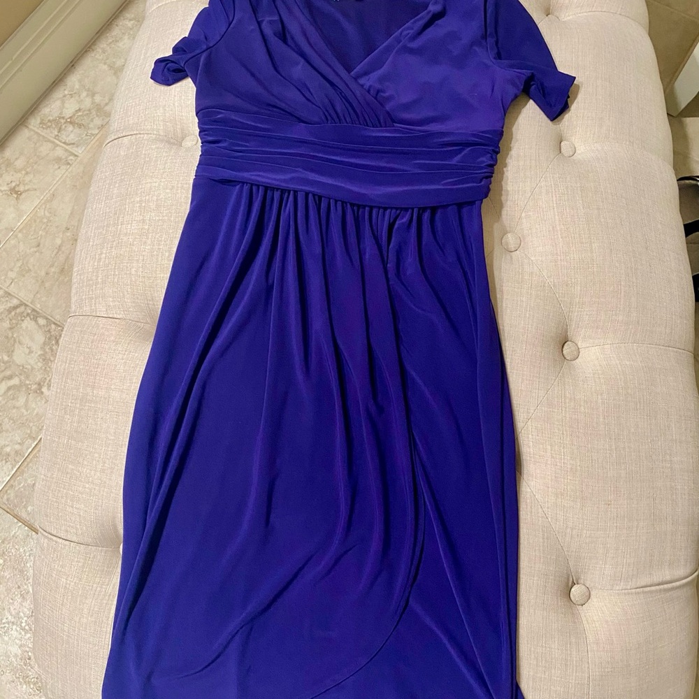 NWOT Evan-Picone Blue Midi Wrap Ruched Sundress with Puff Sleeves
